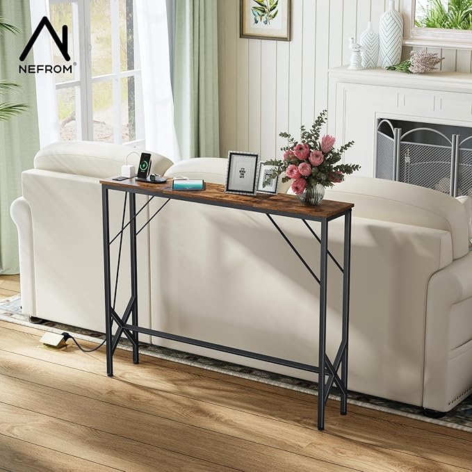 39.4" Console Table, Skinny Entryway Table with Fast-Charging Station, Narrow Long Sofa Table, Behind Slim Couch Table for Entrance, Hallway, Living Room Decor ST-BR100-1-CasaMuseHome