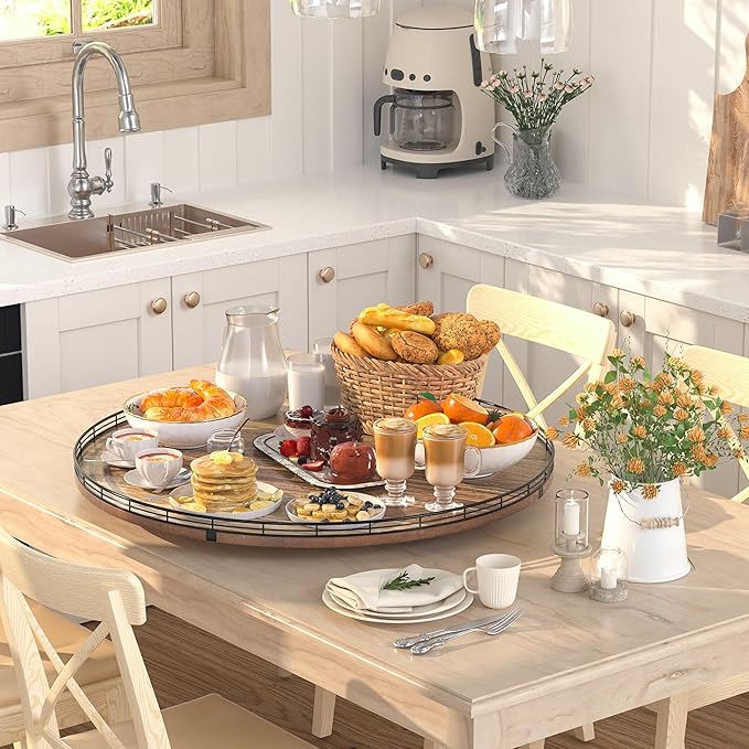 Acacia Wood 24" Lazy Susan Turntable Organizer for Table Top, Farmhouse Extra Large Round Lazy Susan for Serving Kitchen Countertop Cabinet for Charcuterie Centerpiece, Bathroom Vanity Tray Decor-CasaMuseHome