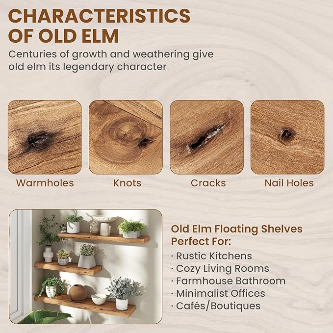 55" Floating Shelves, Live Edge Elm Wood Floating Shelf for Wall, Wall-Mounted Display Shelves with Invisible Heavy-Duty Bracket, Long Floating Shelf for Bathroom, Kitchen, Living Room, Natural Color-CasaMuseHome