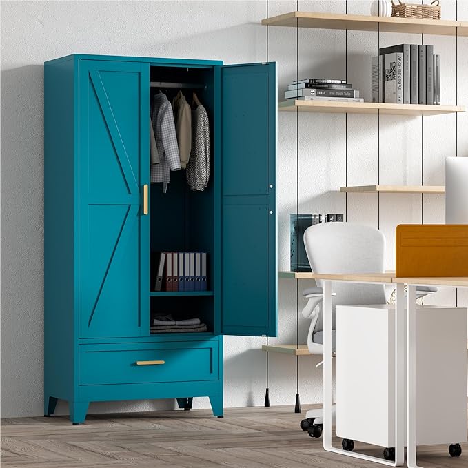 71'' Farmhouse Metal Wardrobe Cabinet with Hanging Rod, 2 Barn Door Wardrobe Closet with Adjustable Shelves,Drawer,for Dining Room,Bedroom,Living Room, Cloak Room,Office (Peacock Blue)-CasaMuseHome