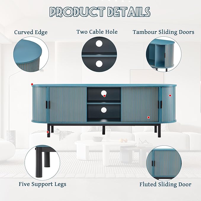 62" Tambour Door TV Stand,Wood Mid Century Modern TV Cabinet for Up to 75“ TV,Curved Edge Long TV Stand with Storage for Bedroom Living Room(62.2inch,Blue)-CasaMuseHome