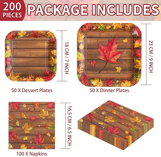 200Pcs Fall Party Decorations Watercolor Autumn Maple Leaves Paper Plates and Napkins Thanksgiving Wooden Grain Tableware Sets for Holiday Harvest Birthday Wedding Dinner Party Supplies Serves 50-CasaMuseHome