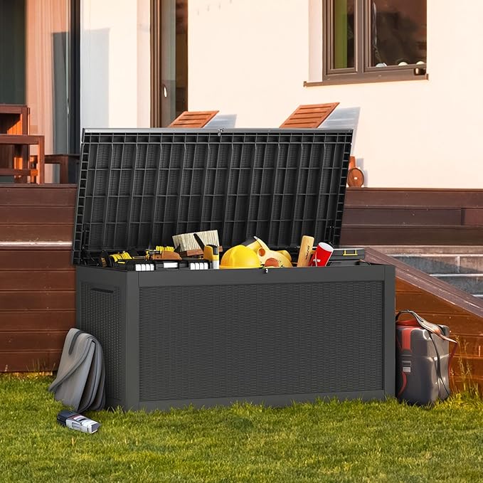 320 Gallon Resin Deck Box, Waterproof Outdoor Storage Bin for Patio Furniture, Pool Accessories, and Garden Tools, Lockable & UV-Resistant, Black-CasaMuseHome