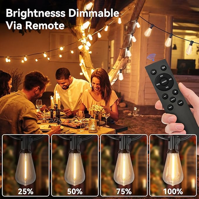 100 FT Solar String Lights Outdoor Waterproof with Remote & USB Port, Solar Power Patio Hanging Lights with Dimmer, Shatterproof LED Edison Bulb Outdoor String Lights for Outside Cafe Yard Fence-CasaMuseHome