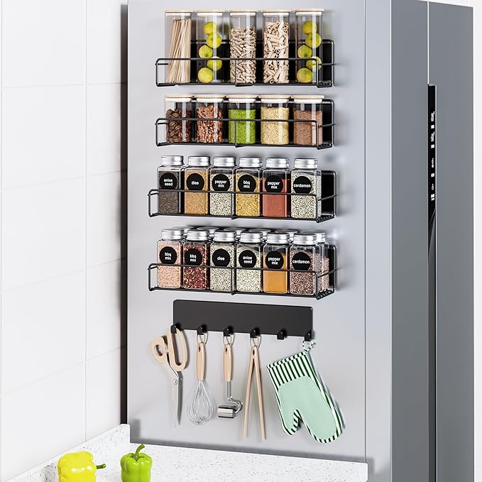 5-Pack Moveable Magnetic Spice Rack Organizer With 6 Hooks for Refrigerator, Metal Fridge Shelf, Black-CasaMuseHome