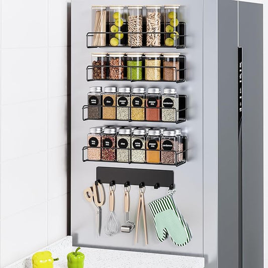 5-Pack Moveable Magnetic Spice Rack Organizer With 6 Hooks for Refrigerator, Metal Fridge Shelf, Black-CasaMuseHome