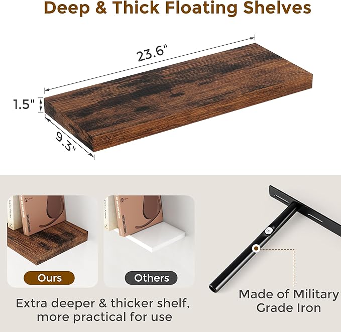 24 x 9 Floating Shelves, 9 Inch Deep Floating Shelf Wall Mounted, 24 Inch Bathroom Shelves Set of 2, Rustic Wood Wall Shelf for Bedroom, Living Room, Rustic Brown Color-CasaMuseHome