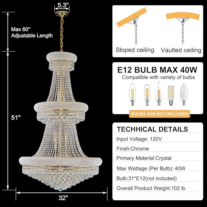 31 - Light Large Empire Crystal Chandelier for High Ceiling Foyer Entryway Staircase Living Room Dining Room Gold Finish-CasaMuseHome
