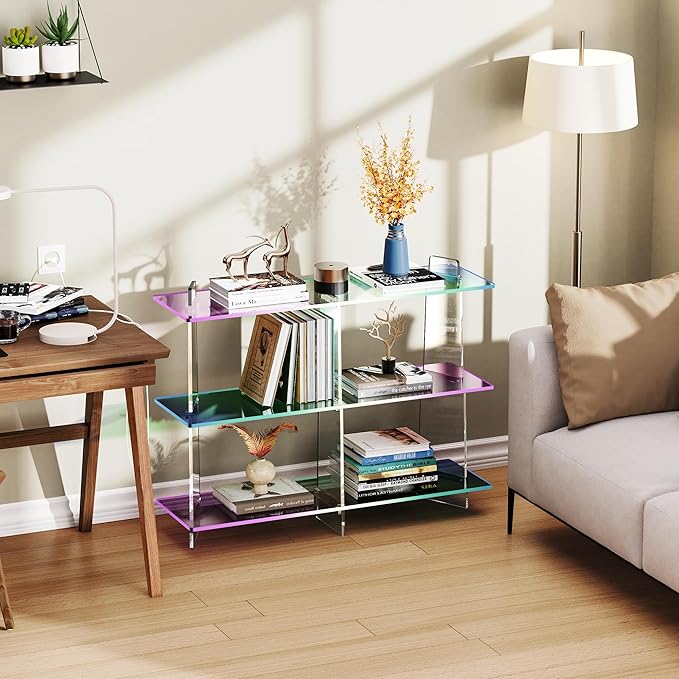 Acrylic Bookshelf, Small 3 Tier Open Bookcase for Small Spaces,Sofa Table, Hallway Entry Table for Home Living Room (Iridescent, 39.4" x 11.8" x 31.5)-CasaMuseHome