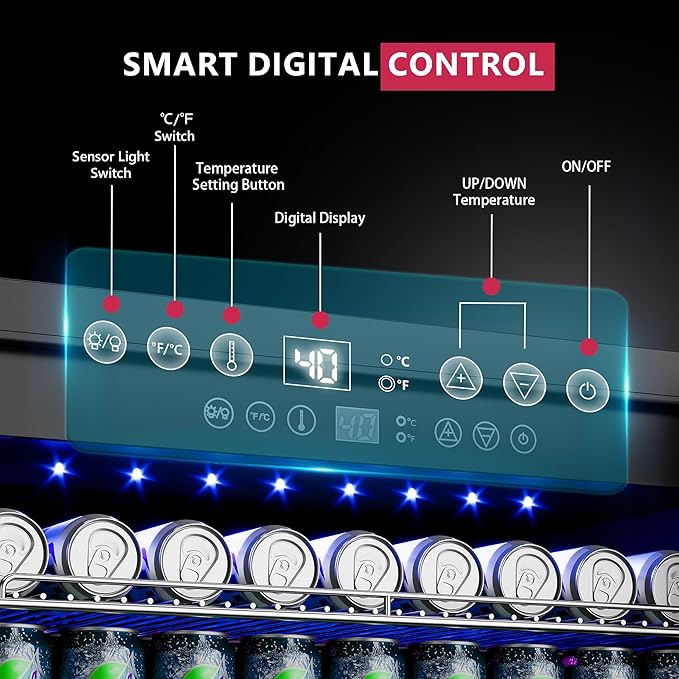 24 Inch Beverage Refrigerator, Beverage Cooler 180 Can Built-in Design, Under Counter Beer Fridge with Glass Door for Soda, Wine, Water - For Kitchen, Office or Bar-CasaMuseHome