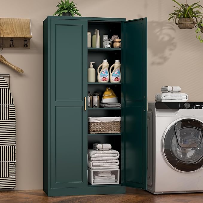 71" Metal Pantry Cabinet, Tall Kitchen Pantry Storage Cabinet with 4 Adjustable Shelves and Gold Handles, Green Cupboard for Kitchen, Dining Room, Living Room-CasaMuseHome