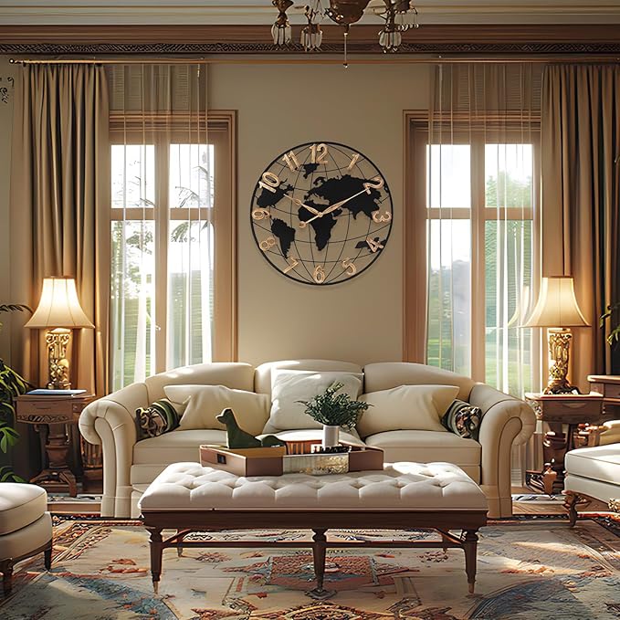 30 Inch Extra Giant Large Wall Clock Oversized,Black Big Metal Modern Decorative Silent World Map Wall Clock with Vintage Gold Arabic Numeral for Office,Living Room,Kitchen,Dining Room Decor-CasaMuseHome