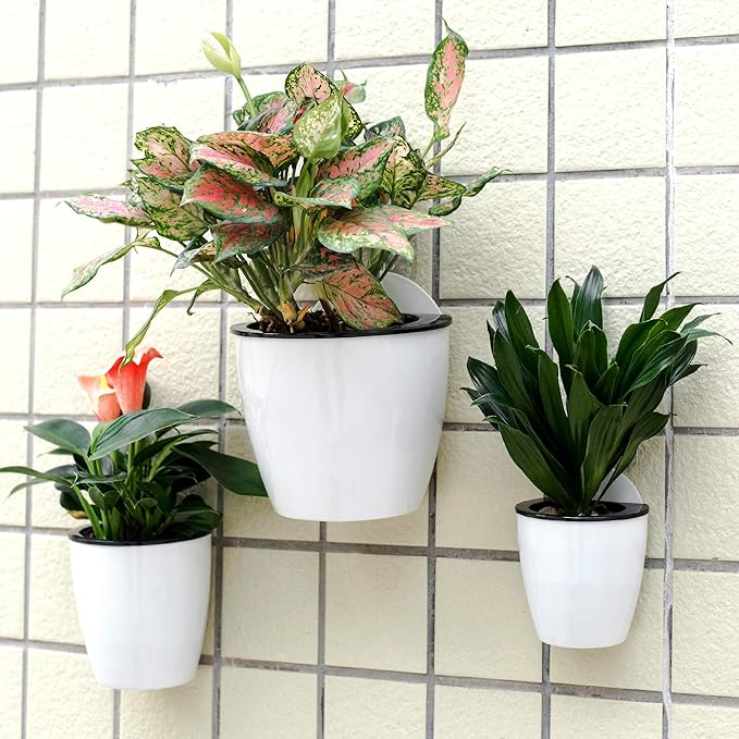 3 Pack Self Watering Wall Hanging Planter Pots Vertical Garden Window Hang Mount Indoor Outdoor Plant Flower Basket for Kitchen Herbs Balcony Railing Shelf Fence Bedroom Trellis Decor Modern White Box-CasaMuseHome