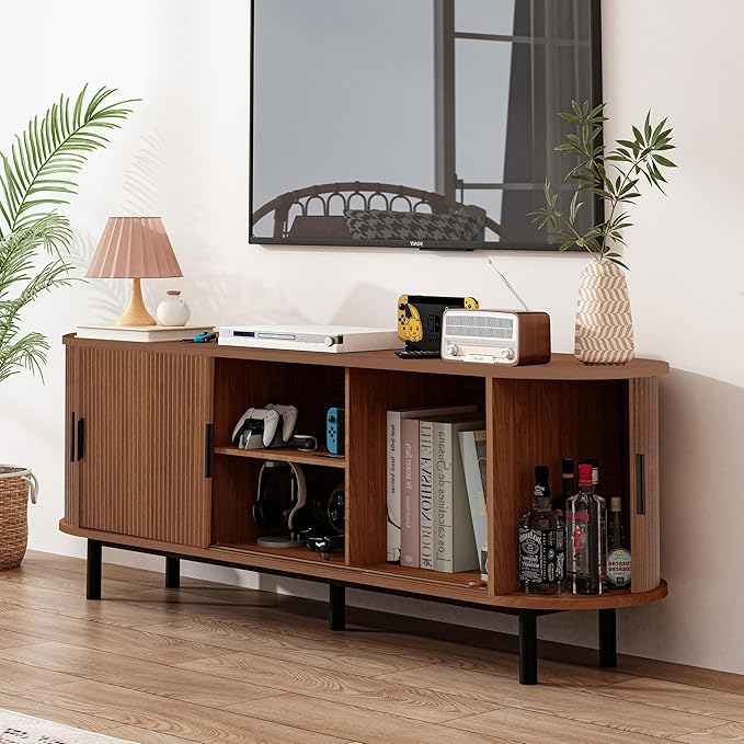 62" Tambour Door TV Stand,Wood Mid Century Modern TV Cabinet for Up to 70“ TV,Curved Edge Long TV Stand with Storage for Bedroom Living Room(Walnut, 62.2inch)-CasaMuseHome