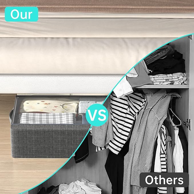 3PCS Under Bed Storage Bins with Metal Frame, Linen Fabric Frame Storage Box Clothes Organizer Bins, Underbed Container with Clear Window (Dark Grey, 23.6 x 13 x 6IN)-CasaMuseHome