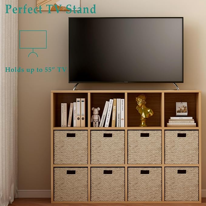 12-Cube Storage Shelf Bookcase - Wooden 3-Tier Floor Standing Open Bookshelf for Home and Office, Display Cabinet, Oak-CasaMuseHome