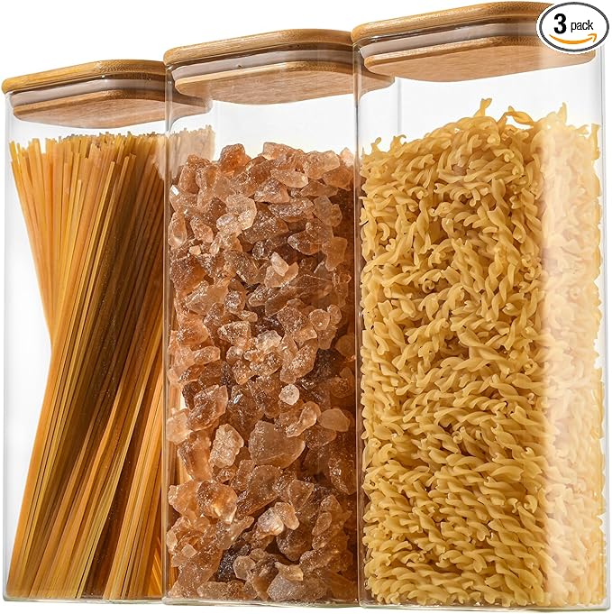 71oz Rectangle Airtight Glass Storage Containers with Bamboo Lids (Set of 3), Square Food Storage Jar, Pantry Organizers for Sugar, Flour, Spaghetti and Coffee beans (‎with Black Lable)-CasaMuseHome