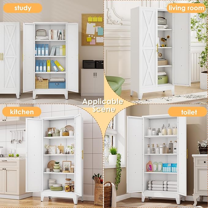 61" H Metal Kitchen Pantry Storage Cabinet, Freestanding Cupboard with 2 Doors and 3 Adjustable Shelves, Standing Storage for Kitchen, Bathroom, Garage, Dinning Room or Utility Room（White）-CasaMuseHome