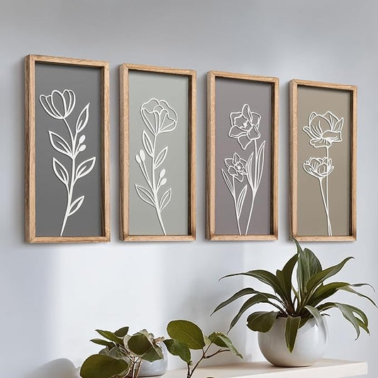 3D Wooden Floral Bathroom Wall Decor (Set of 4) Lightweight, Ready-to-Hang Framed Wall Art For Living Room, Bedroom, or Office - Premium Boho Botanical Farmhouse Decorations - Gift-Boxed-CasaMuseHome