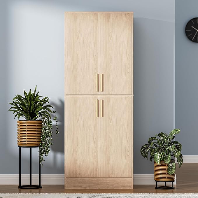 71" Tall Pantry Cabinet with 4 Doors, Kitchen Pantry Storage Cabinet, Freestanding Larder Cupboard, Utility Kitchen Hutch with Gold Handles for Dining Room, Bathroom, Oak-CasaMuseHome