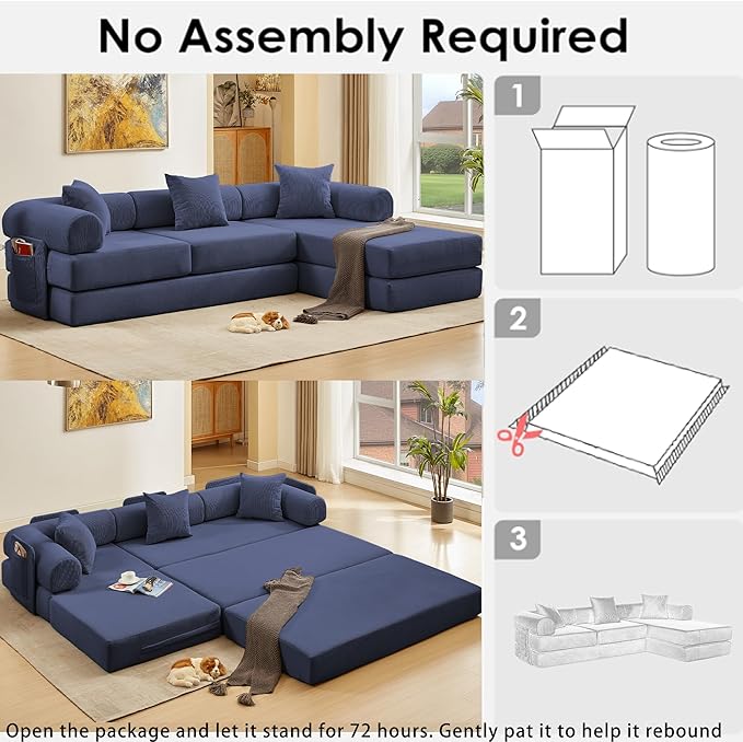 107" Oversized Convertible Sleeper Sofa Bed, Corduroy L Shape Sectional Couch, Folding Sofa Bed with Side Pocket, Modern Cloud Floor Mattress Couch,Modular Sofa for Living Room,Dark Blue-CasaMuseHome