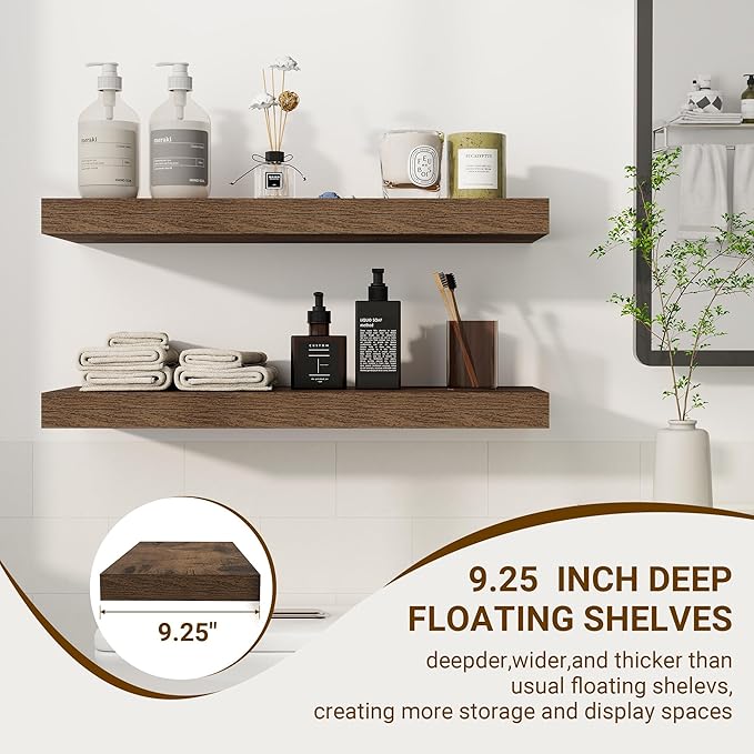24 Inch Floating Shelves, 24"x9.25"x1.5" Inch Deep Floating Shelves for Wall, Wooden Shelves for Bathroom, Bedroom, Living Room, Walnut-CasaMuseHome