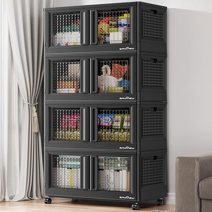 400Qt Stackable Storage Bins with Lids, 100Gal Closet Organizers and Storage Drawer, Plastic Collapsible Storage Bins with Doors, Heavy Duty Store Box Cabinet for Home Kitchen, 4Pack Black-CasaMuseHome