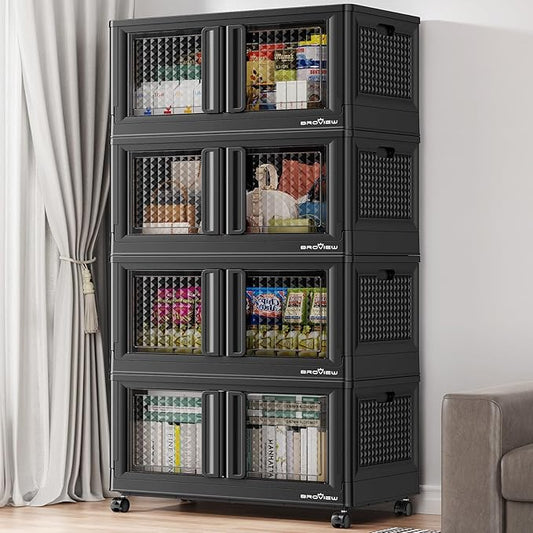 400Qt Stackable Storage Bins with Lids, 100Gal Closet Organizers and Storage Drawer, Plastic Collapsible Storage Bins with Doors, Heavy Duty Store Box Cabinet for Home Kitchen, 4Pack Black-CasaMuseHome