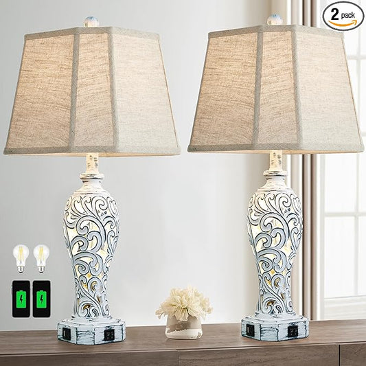 25'' Farmhouse Table Lamps Set of 2 for Living Room Bedroom, 2 USB Ports Rustic Vintage Nightstand Table Lamp with Nightlight, Hollow Out Resin Lamp for End Table (Bulbs Included)-CasaMuseHome