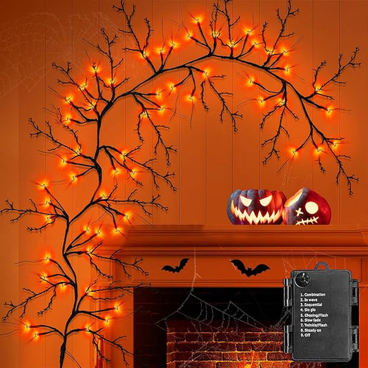 9 FT 72LED Halloween Willow Vine Twig Decor Branches Garland with Lights - 8 Modes Timer - Waterproof Battery Operated for Indoor Wall Fireplace Halloween Decorations-CasaMuseHome