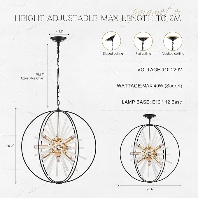23.6" Black Gold 12-Light Globe Sputnik Chandelier Modern Adjustable Hanging Ceiling Glass Tube Pendant Light Fixture for Entryway Foyer Staircase Dining Living Room Hallway-CasaMuseHome