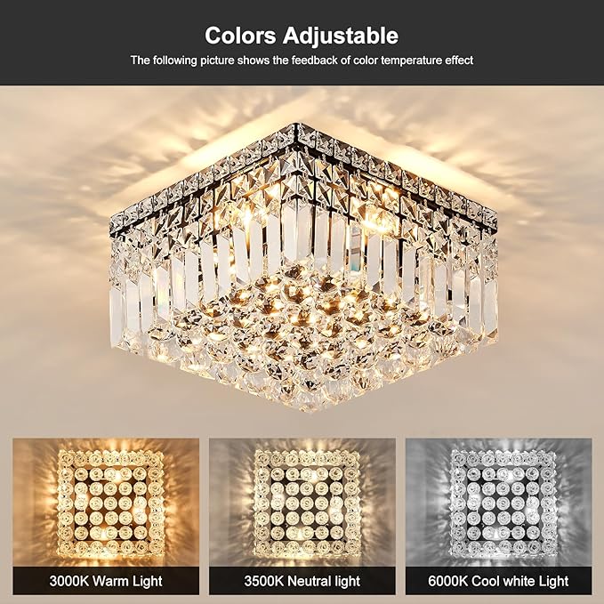 4-Light Black Crystal Chandeliers Flush Mount Chandelier Light Fixture with K9 Crystals Modern Ceiling Lights Elegant Square Lamp for Bedroom,Hallway,Bar,Living Room,Dining Room,H5.9 xW13.7-CasaMuseHome