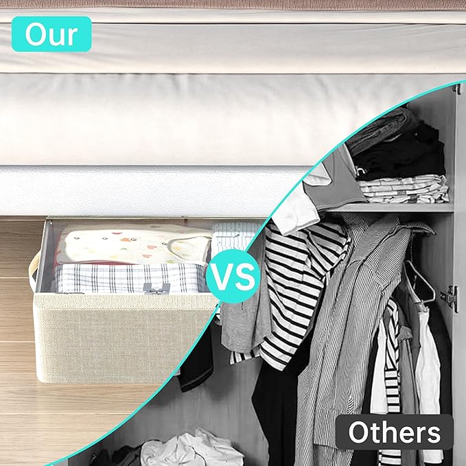 3PCS Under Bed Storage Bins with Metal Frame, Linen Fabric Frame Storage Box Clothes Organizer Bins, Underbed Container with Clear Window (Beige, 15.7 x 13 x 6IN)-CasaMuseHome