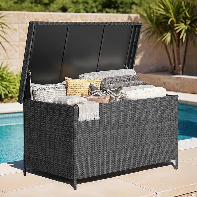 158 Gallon XL Deck Box with Lid, All Weather Wicker Outdoor Storage Box Waterproof, Large Outdoor Patio Storage Bin for Cushions, Garden Tools, Gears, Pool Accessories, Black-CasaMuseHome