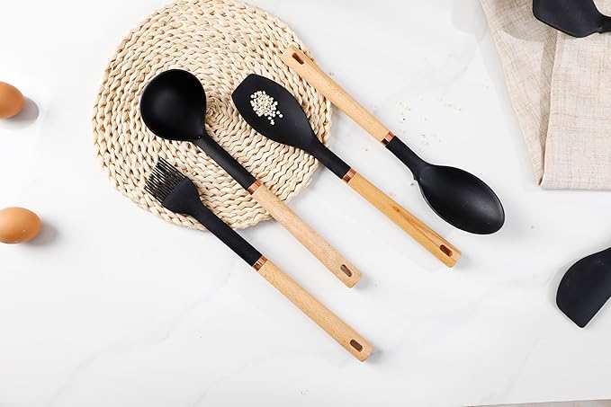 13-Piece silicone utensil set wood handle nonstick cookware safe dishwasher safe kitchen tools BPA free heat resistant (450°F/230°C) ceramic pan safe cooking gifts housewarming (Black)-CasaMuseHome