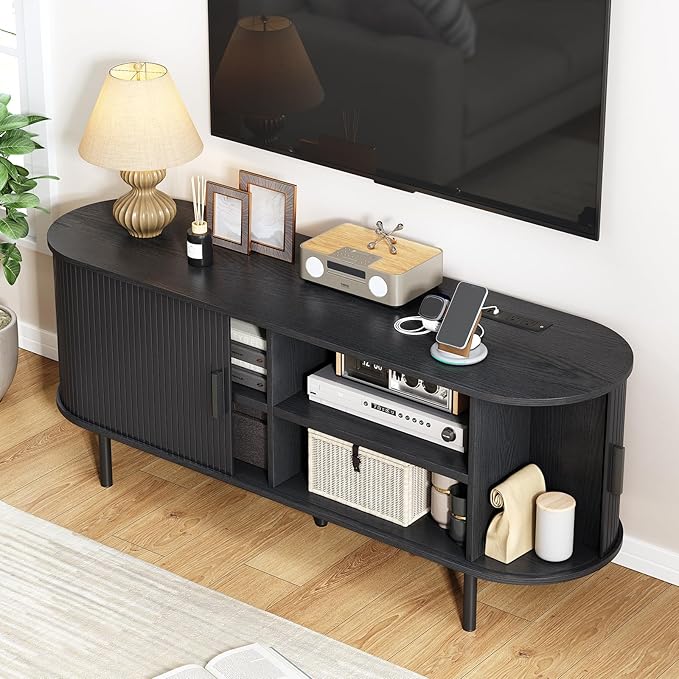 55" TV Stand with Power Outlet, Modern Media Console with Sliding Doors, Entertainment Center for TVs up to 60 Inch, Adjustable Shelves, Black-CasaMuseHome