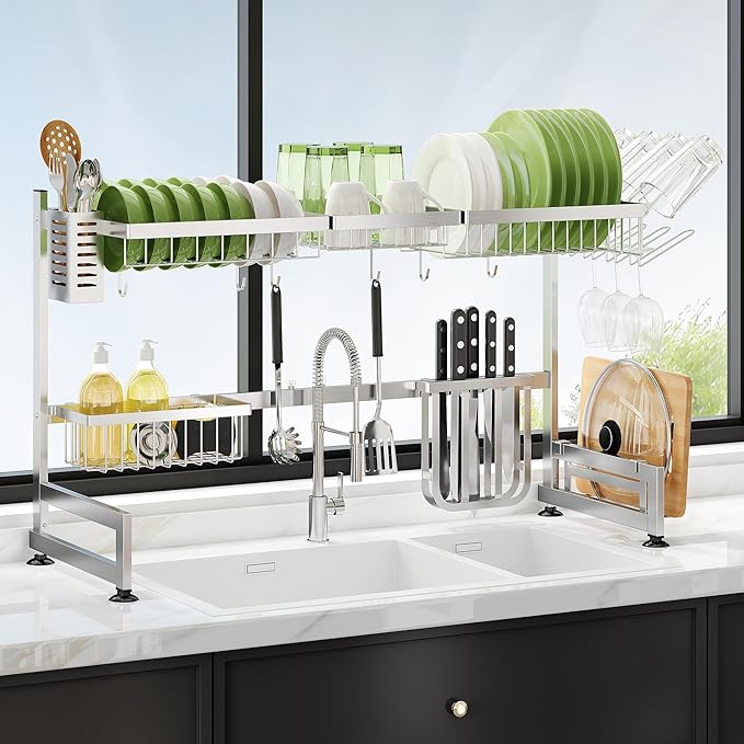 2 Tier Extra Large Stainless Steel Expandable Over The Sink Dish Drainer Drying Rack, Rust Proof Metal, Space Saving, Modern Silver Big Capacity Extendable Plate Strainers Above Kitchen Counter-CasaMuseHome