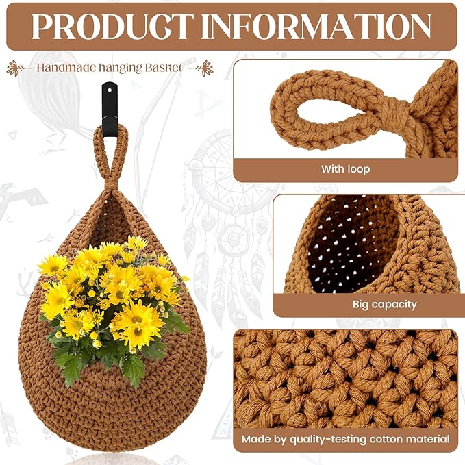 Hanging Fruit Baskets for Kitchen - 3 Pack Boho Wall Hanging Basket with 6 Pcs Strong Hooks, Handwoven Hanging Holder Teardrop Home Produce Basket for Fruits Vegetable Potato Onion Storage (Linen)-CasaMuseHome