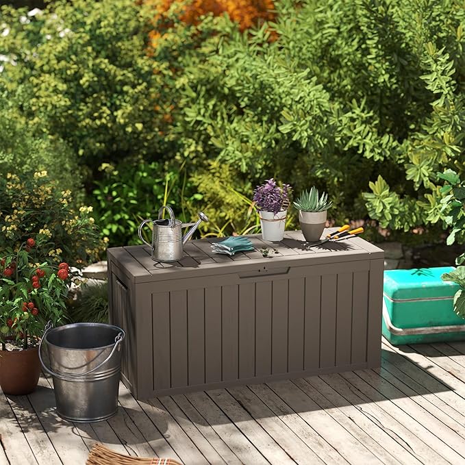 75 Gallon Double-Wall Resin Deck Box - Lockable Waterproof Outdoor Storage Box, 515lbs Capacity & Doubles as Seating for Patio Furniture - Garden Tools, Pool Accessories (Brown)-CasaMuseHome