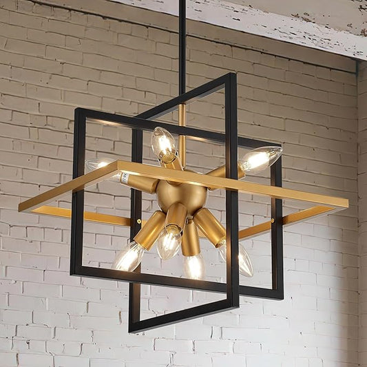 15.8'' Black Gold 8-Light Sputnik Chandelier Modern Industrial Adjustable Hanging Geometric Pendant Light Fixture for Entryway Foyer Stairway Hallway Bedroom Living Room Kitchen Island-CasaMuseHome