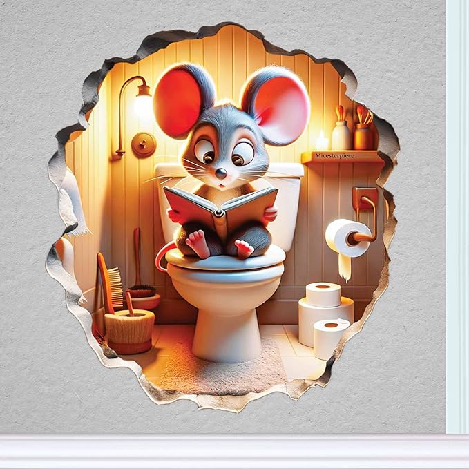 3D Mouse Sitting on Toilet - Mousehole Wall Sticker Decal - Removable Bathroom Decor - Kids Room - Peel & Stick - Whimsical Home Decor - MICESTERPIECE-CasaMuseHome