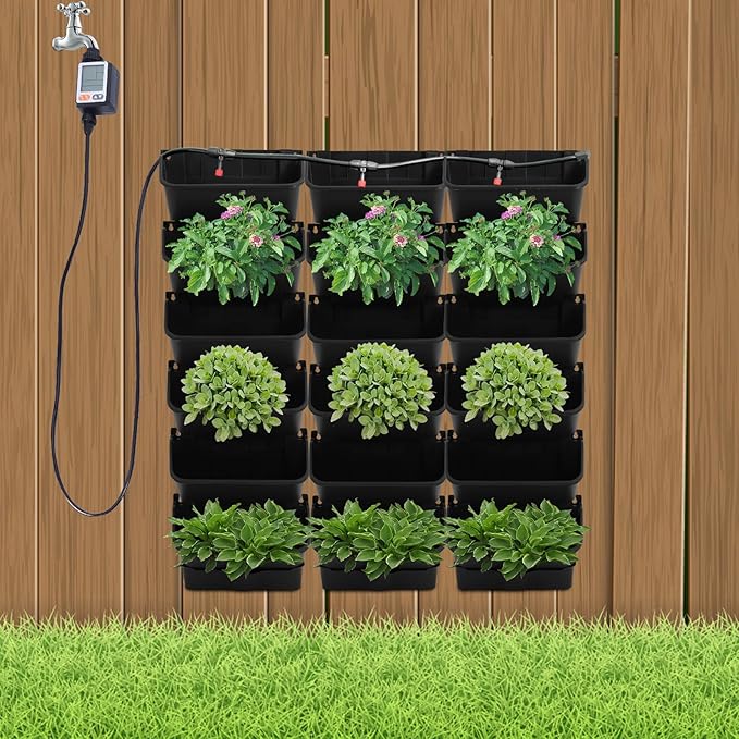 18 Pots Self-Watering Vertical Wall Planter, 39.4”L x 39.4”H Stackable Plastic Wall-Mounted Plant Grow Pots, Wall Hang Garden Planter Outdoor Indoor for Herbs Flowers Strawberries (Black)-CasaMuseHome