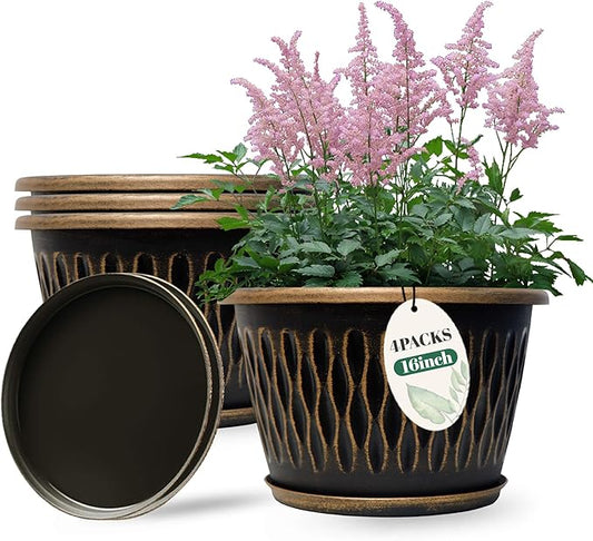 4 Pack 16 Inch Retro Plant Pots, Vintage Striped Flower Pots with Drainage Hole & Saucer, Large Plastic Planters for Indoor and Outdoor Plants, Decorative Garden Pots(Gold)-CasaMuseHome