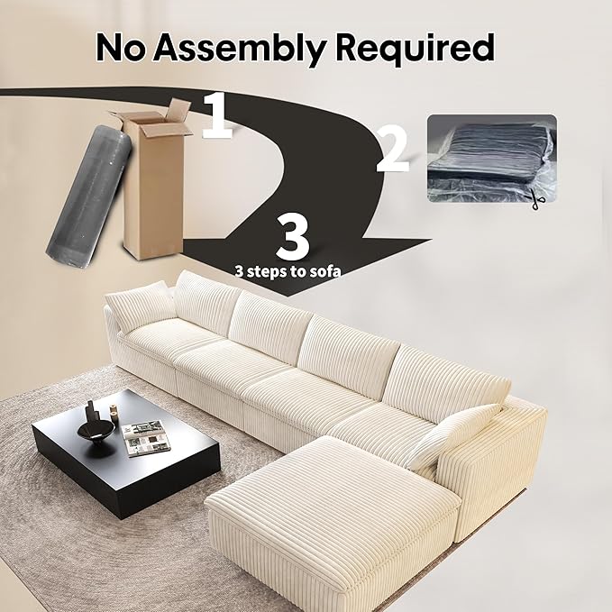 157.5" L Shaped Modern Sofa Modular Sectional Cloud Couch with Ottoman,Deep Seat Upholstered Couches with Corduroy Fabric for Living Room Furniture,Bedroom and Apartment,No Assembly Required,White-CasaMuseHome