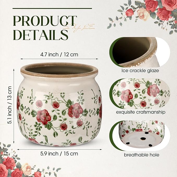 1 Pcs Vintage Planter Large Ceramic Plants Pot Red Plum Crack Cottage Scroll Vase Flower Vase Pot Indoor Plants Home Kitchen Decor Farmhouse Antique Decorative Gift-CasaMuseHome