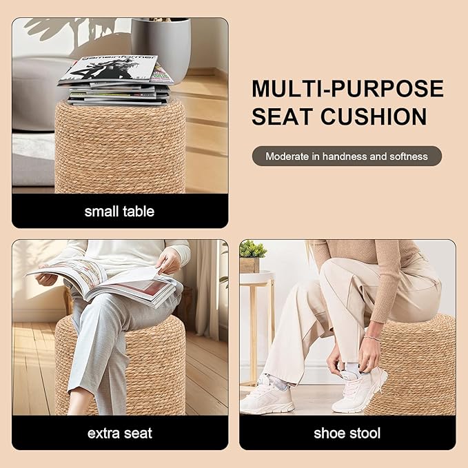 16'' Round Ottoman Natural Seagrass Braided Poof Hand Weaving Round Ottomans Boho Footrest Stool for Home Living Room Bedroom Patio(Natural)-CasaMuseHome