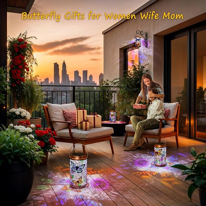 2Pack Solar Lanterns Outdoor Waterproof Colorful Butterfly Garden Gifts for Women, Multicolor Solar Outside Lights Patio Lantern for Yard, Backyard, Porch, Mothers Day Gifts for Mom Grandma Wife-CasaMuseHome