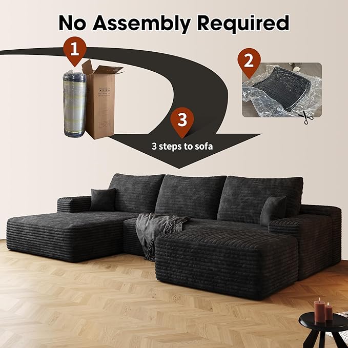 108" Sectional Couches for Living Room Modern Modular Sofa with L-Shape Couchs Upholstered Boneless Couch Deep Seat Sectional Couch with Chaise (Black, Left Facing Chaise+2Seaters+1Ottoman)-CasaMuseHome