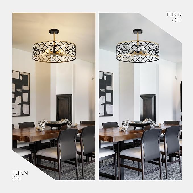 5-Light Drum Chandeliers for Dining Room,19.7" Rustic Farmhouse Dining Room Light Fixture, Black&Gold Metal Hanging Pendant Light for Living Room Bedroom Kitchen Entryway Foyer-CasaMuseHome