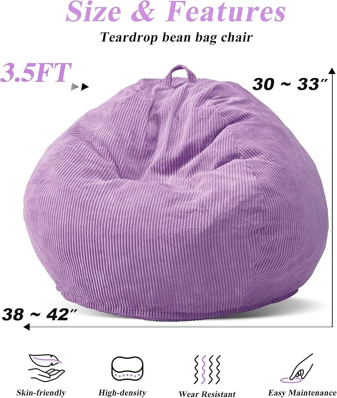 3.5FT Bean Bag Chairs Teardrop Bean Bag Chair for Adults Beanbag Chair with Memory Foam Filled Machine Washable Cover for Living Room, Bedroom (Large,Purple)-CasaMuseHome